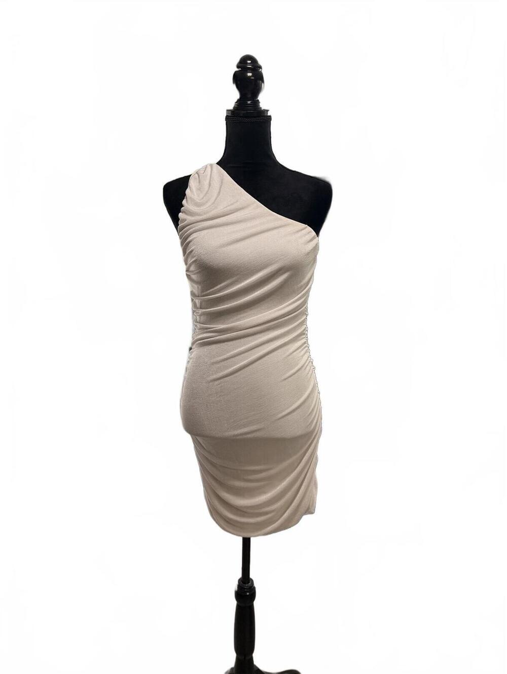 One Shoulder Ruched Bodycon Dress Champagne Beige Mini Cocktail Party Sz Large